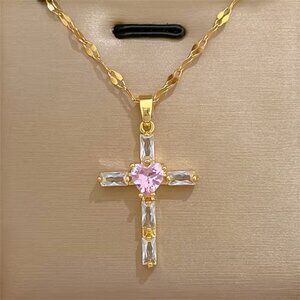 Gold Tone Cross Necklace Pink Heart Crystal Pendant Faith Christian Jewelry Gift